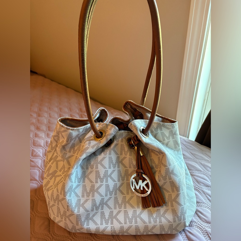 Michael Kors White and Tan Shoulder Bag with Signature Monogram